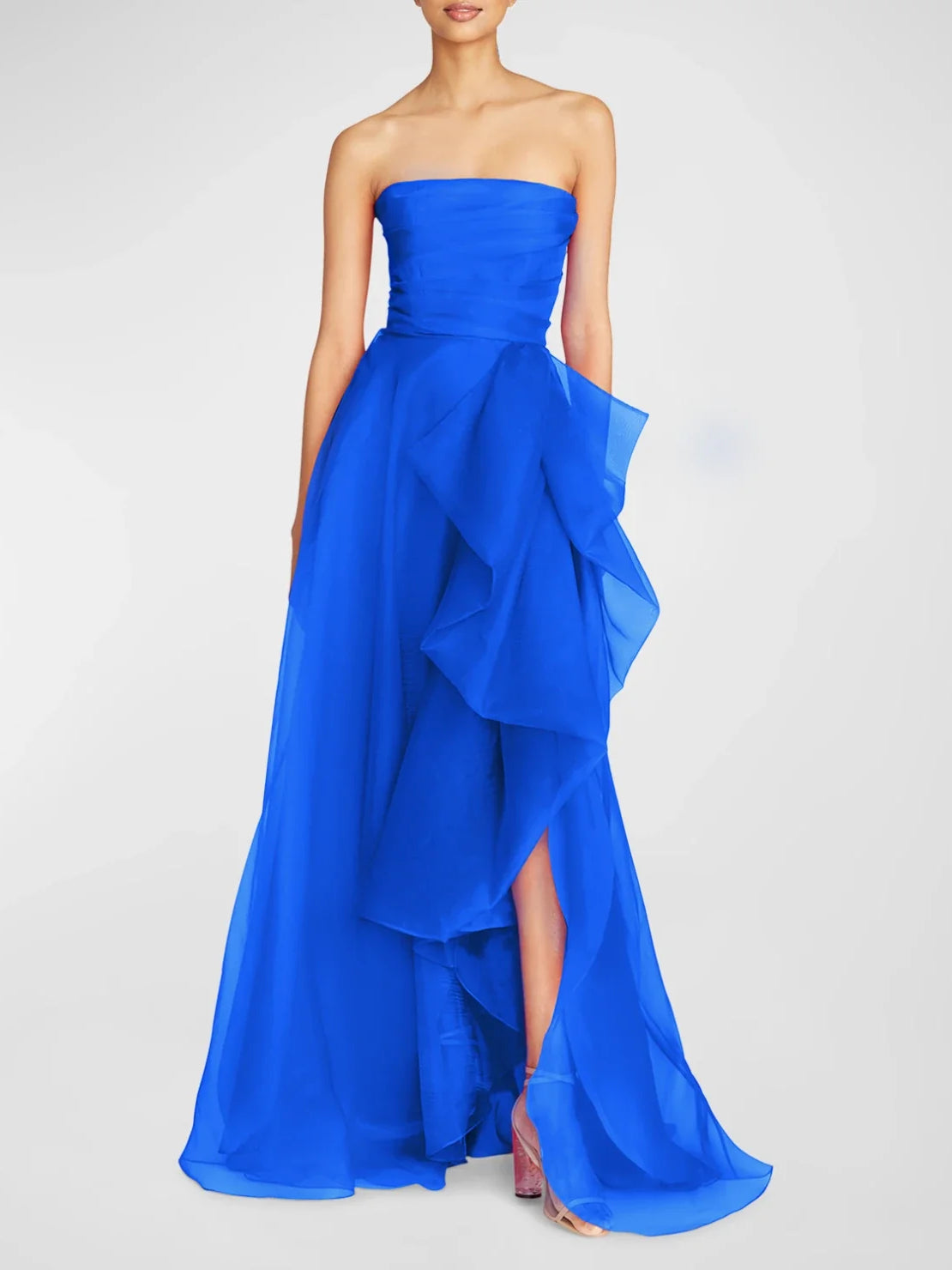 Cobalt blue strapless ruffle A-line formal dress with tiered skirt and dramatic ruffles.