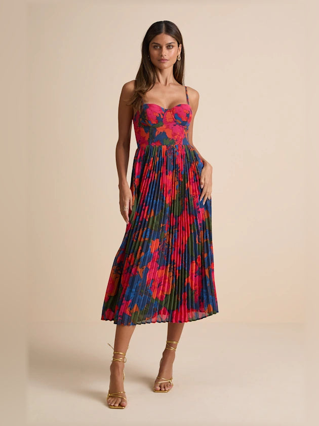 Full front view of pleated midi formal dress with spaghetti straps, multicolor floral print
