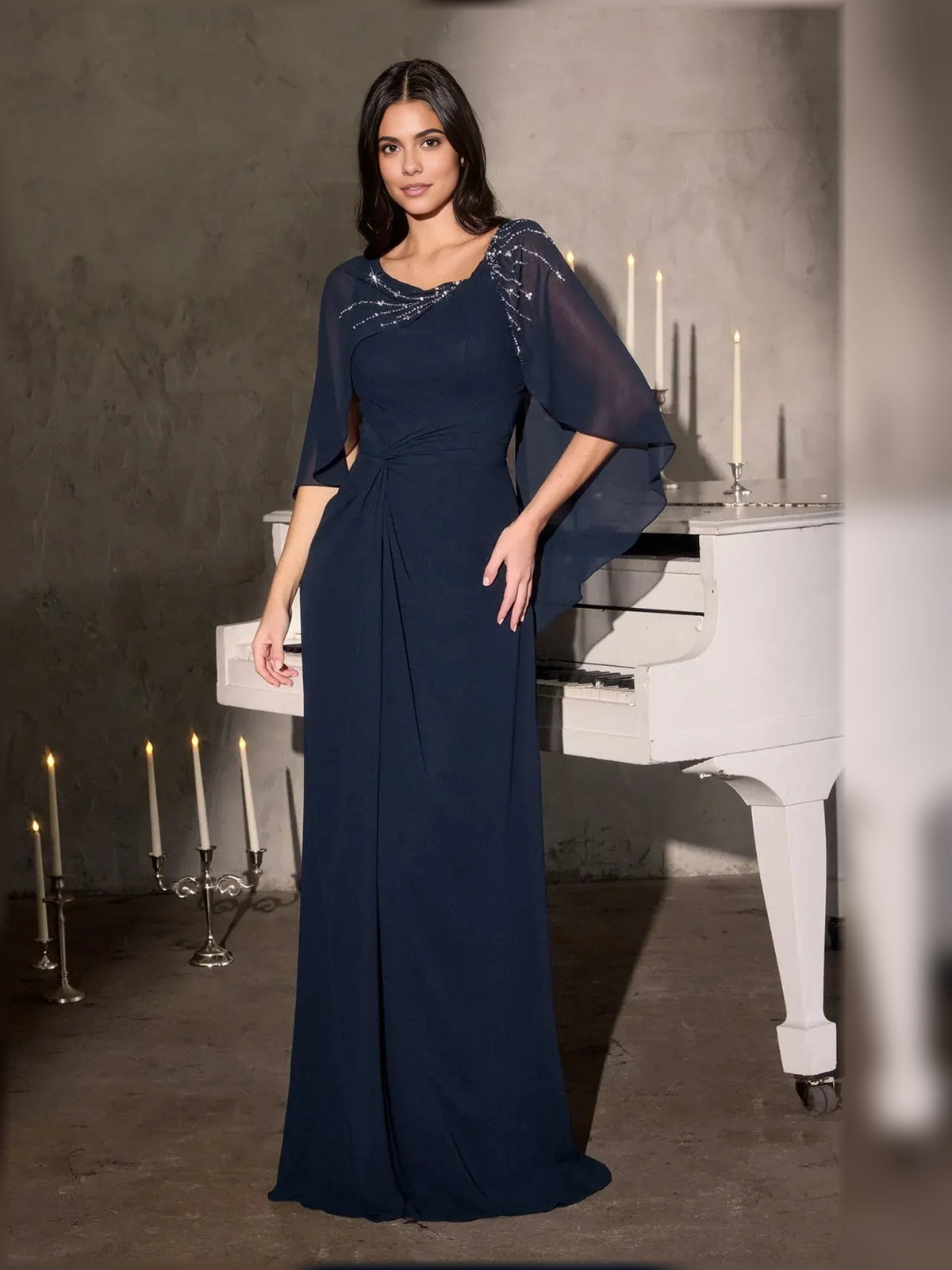 Navy chiffon scoop-neck column gown with ruched bodice and draped sleeves