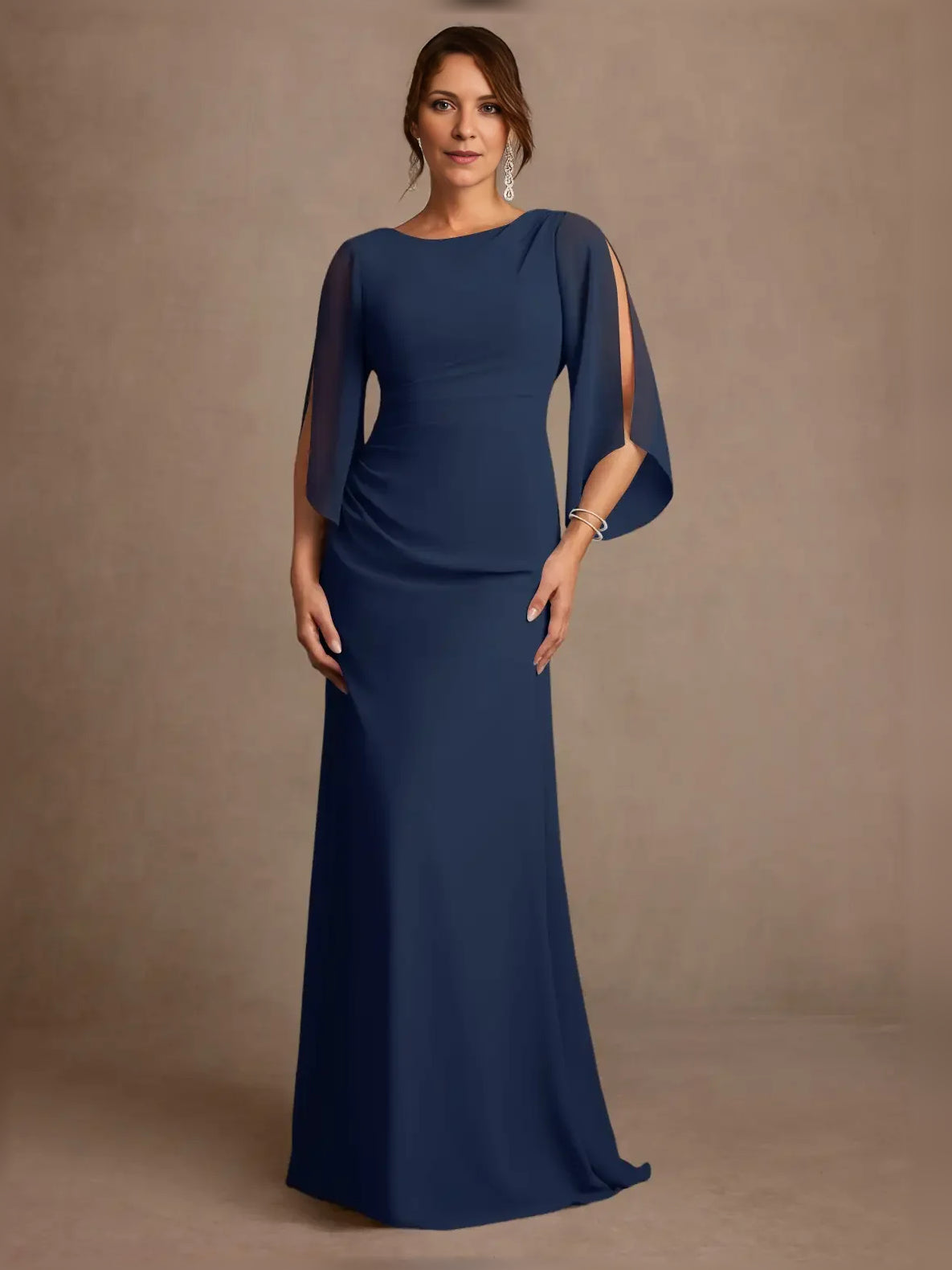 Draped boat-neck A-line chiffon mother-of-the-bride dress, navy blue, floor length