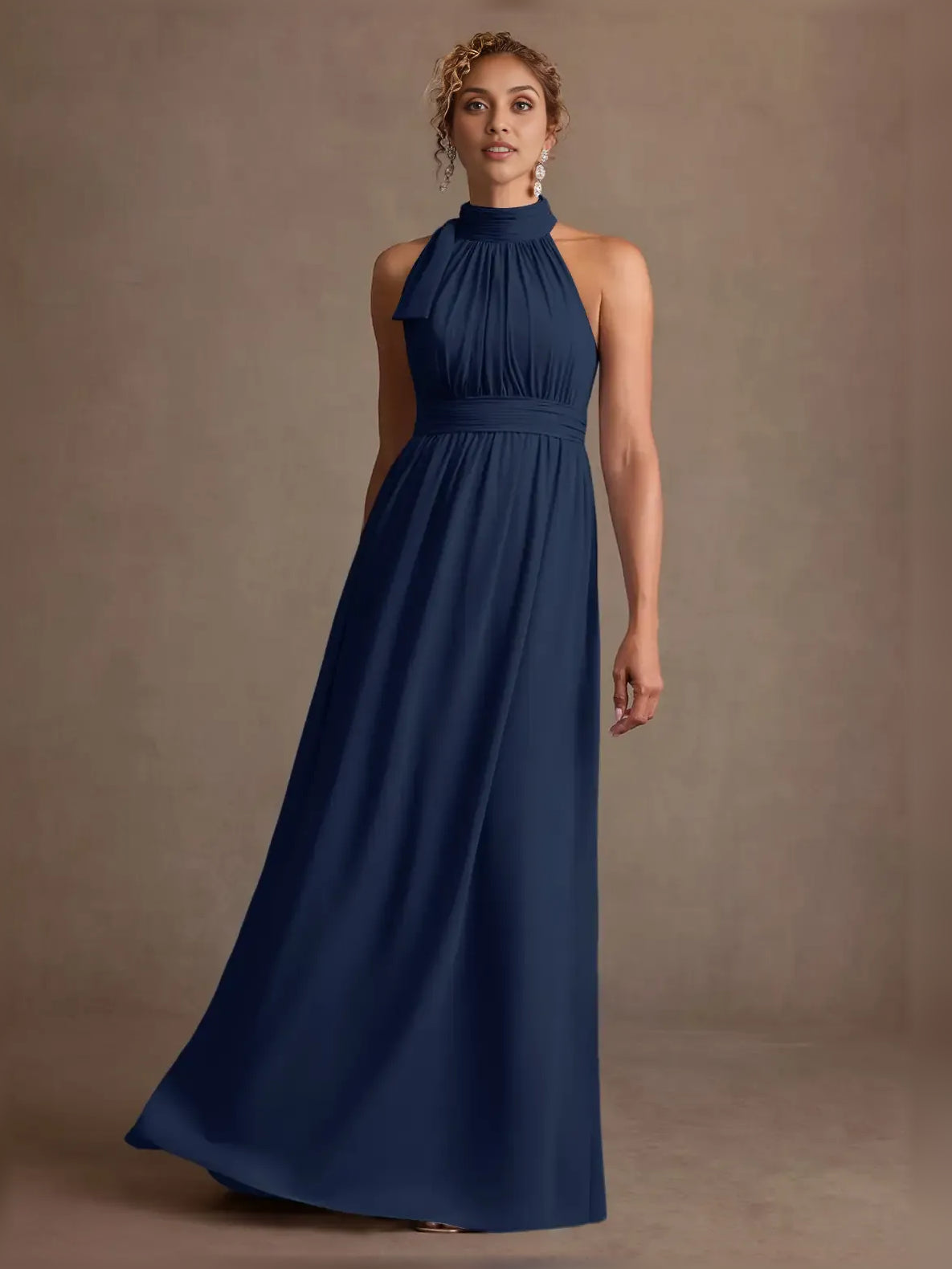Navy halter-neck ruched A-line maxi dress, front view