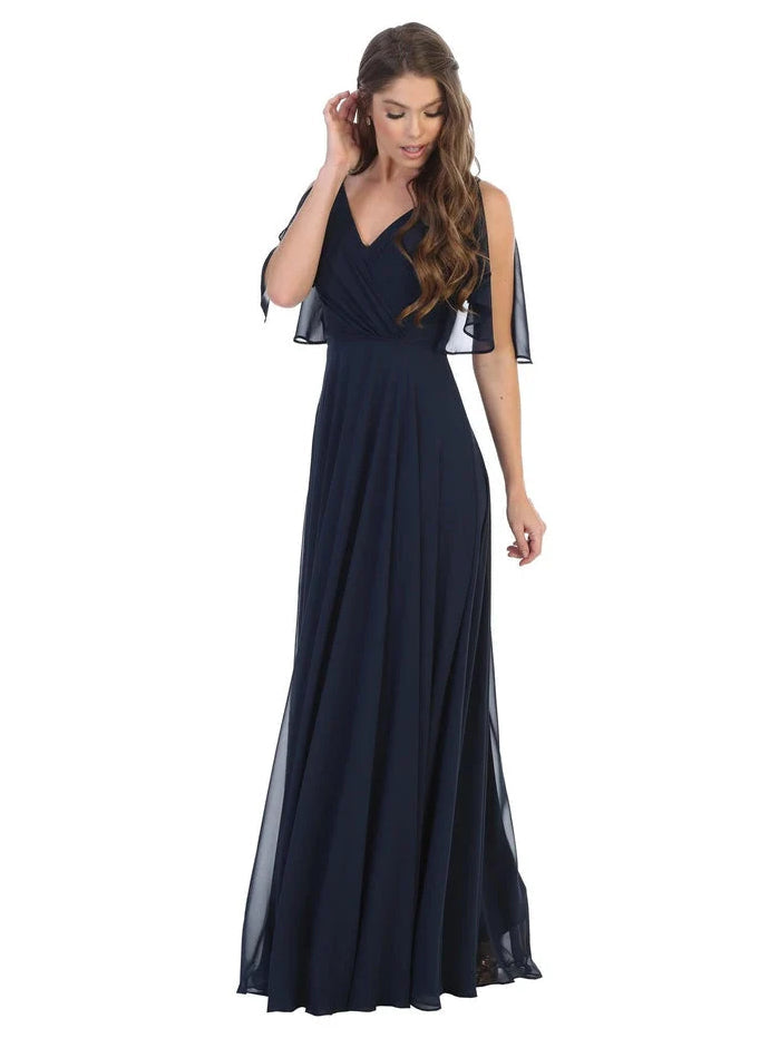 Ruffled V-neck A-line maxi chiffon dress, navy with cold-shoulder flutter sleeves.