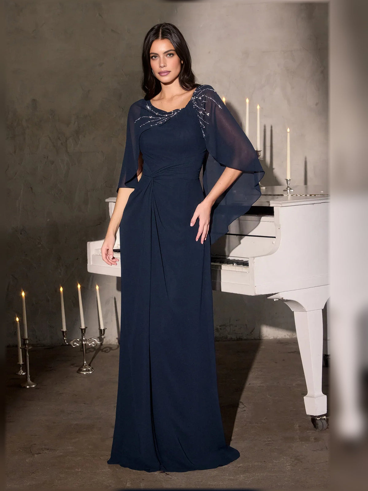 Navy floor-length mother-of-the-bride dress with beaded scoop neck and cape sleeves