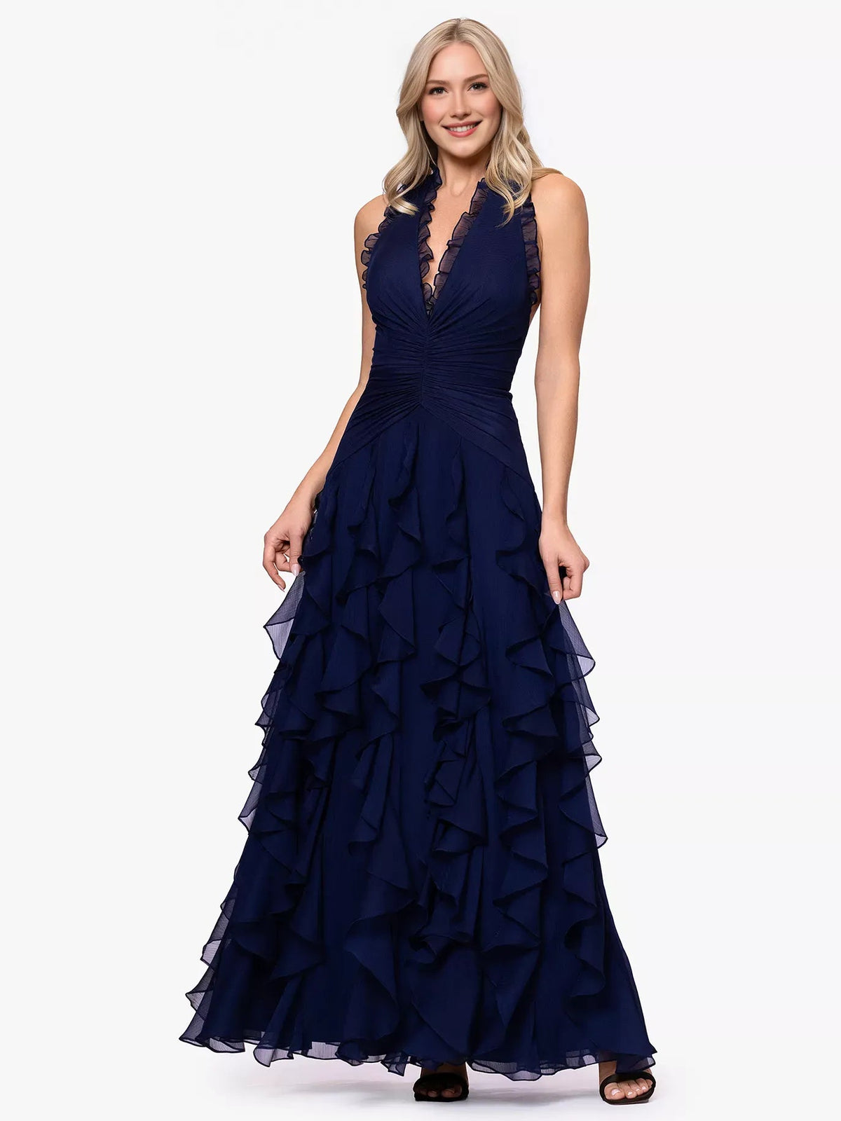 Navy halter neck ruffle tier formal dress, floor-length layered skirt