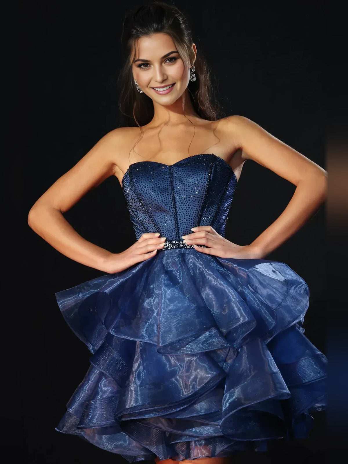 Navy blue strapless sweetheart tiered ruffle organza dress