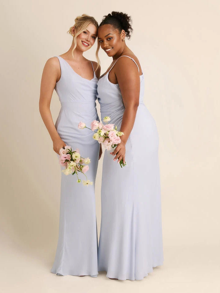 Light blue chiffon cowl-neck sheath dresses with pleated drape, spaghetti straps, floor length