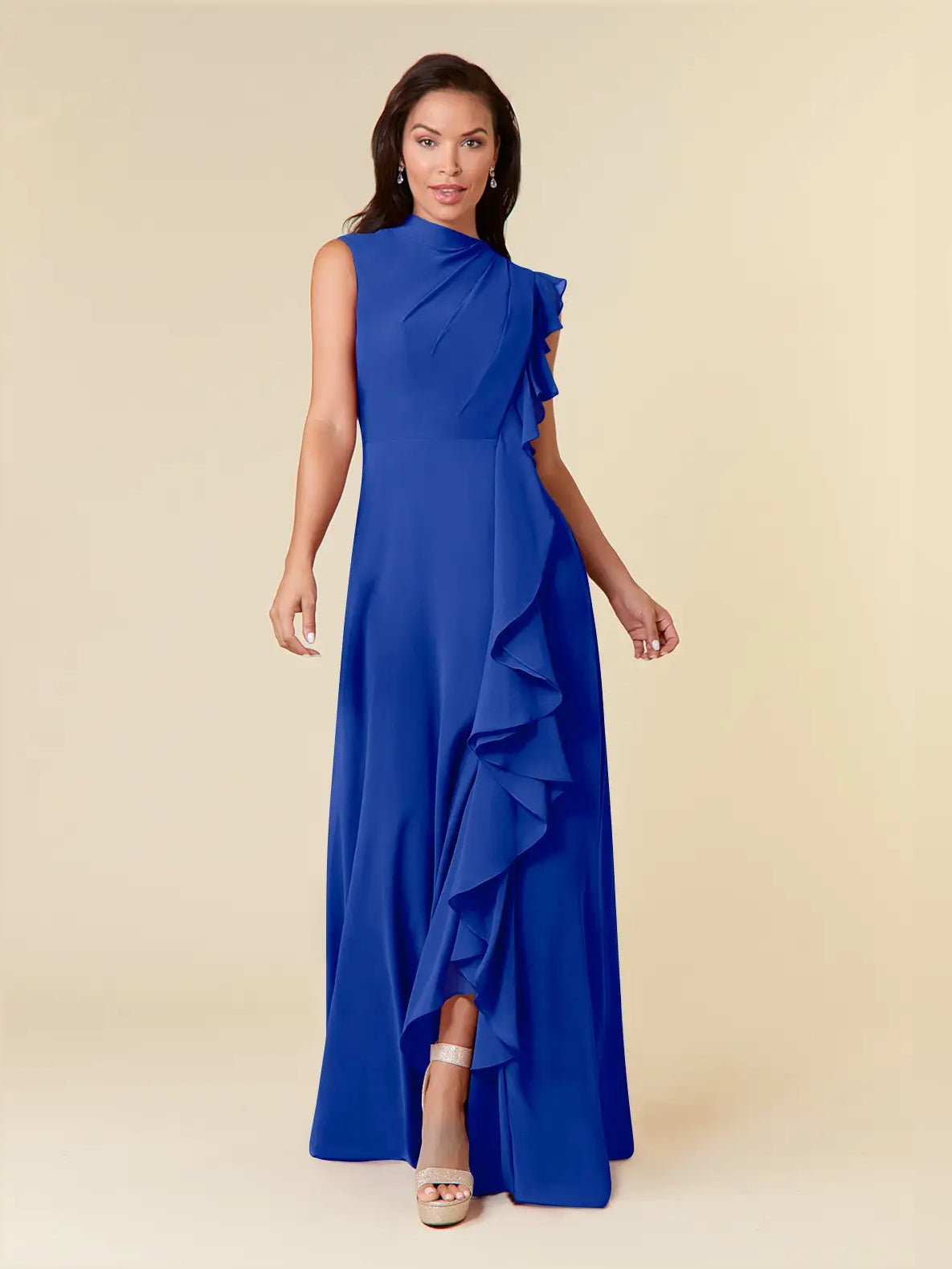Royal blue chiffon maxi dress with high neck and layered ruffle drape, sleeveless A-line