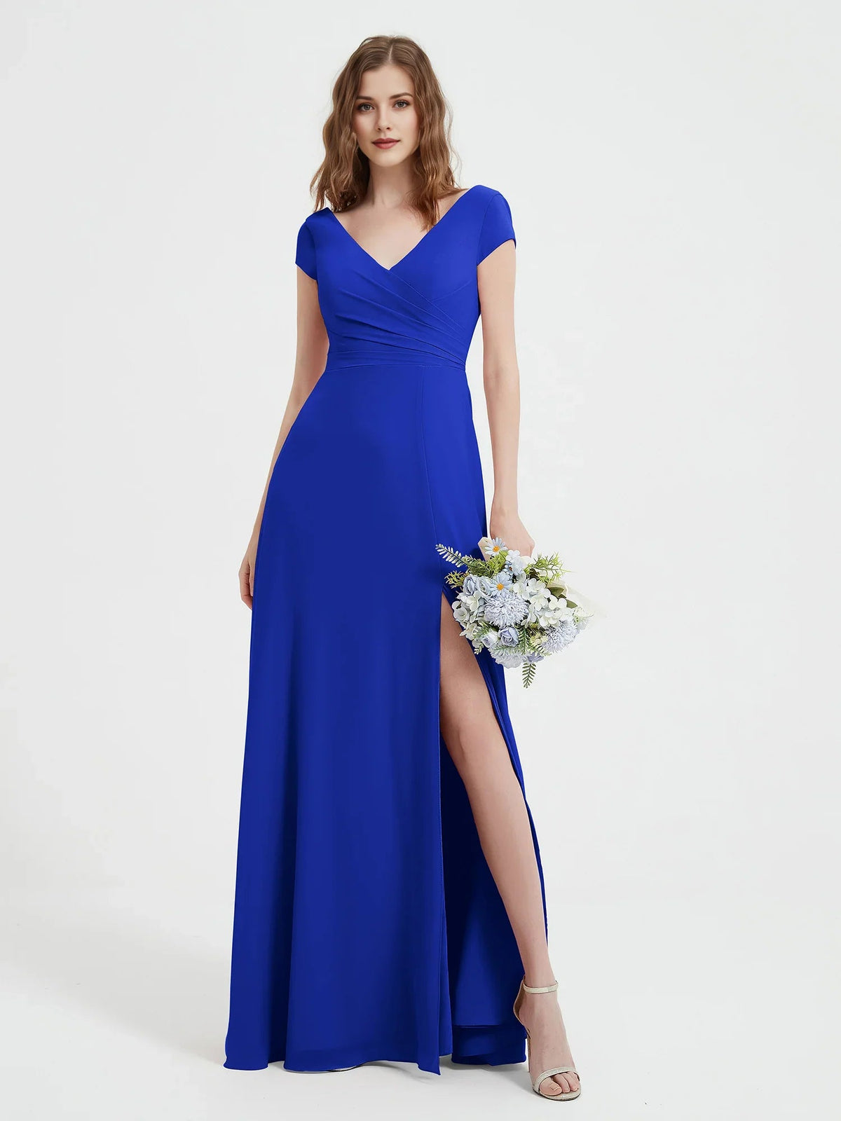 Royal blue V-neck maxi chiffon dress with ruched waist and side slit