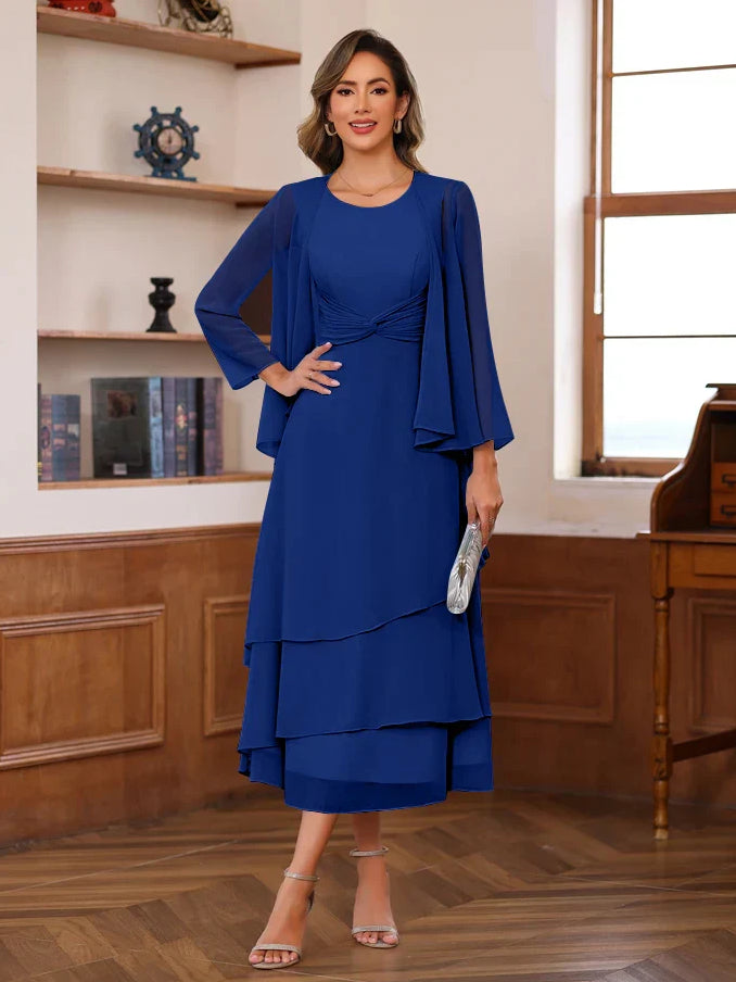 Royal blue scoop-neck A-line midi chiffon dress with draped sleeve overlay