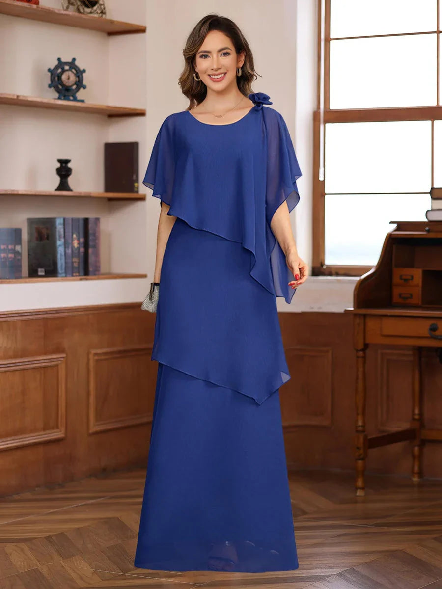Royal blue chiffon layered sheath dress with bow-shoulder detail and tiered skirt, floor-length