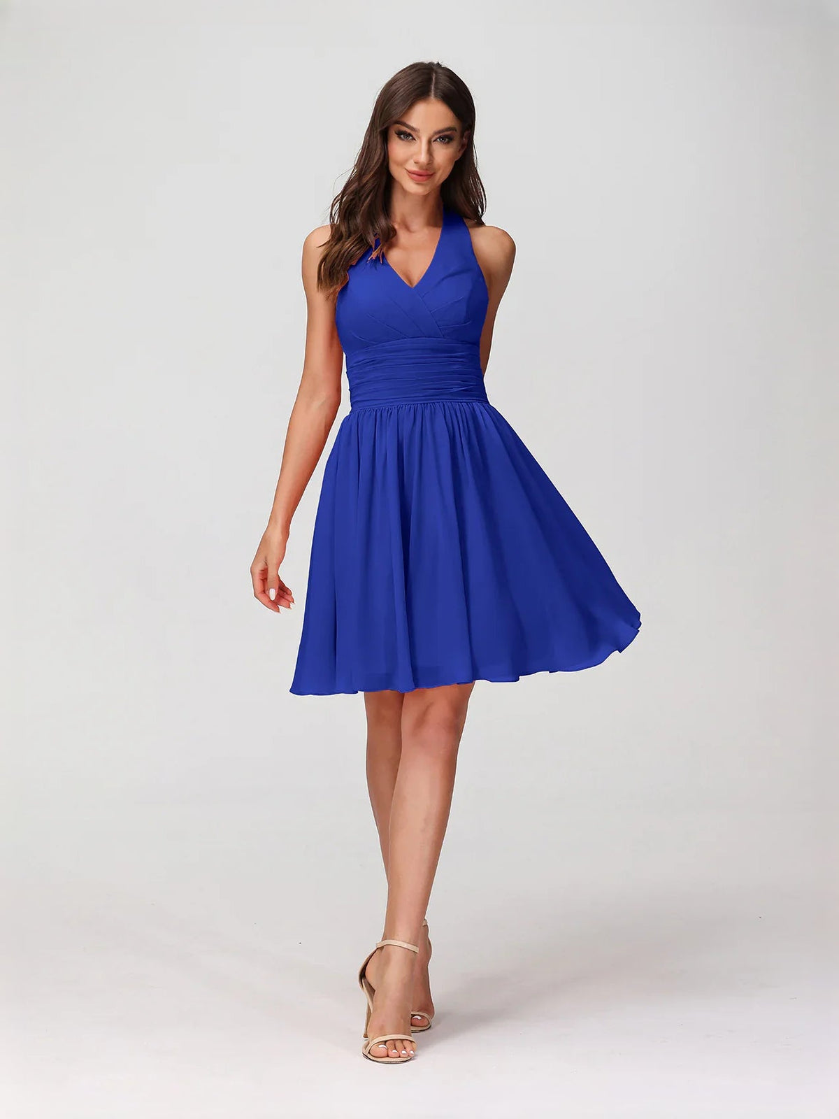 Royal blue ruched halter A-line mini chiffon dress with V-neck bodice