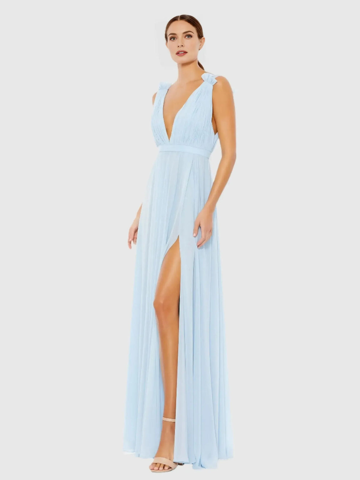 Sky blue V-neck ruched formal dress with ruffle bodice and thigh-high slit