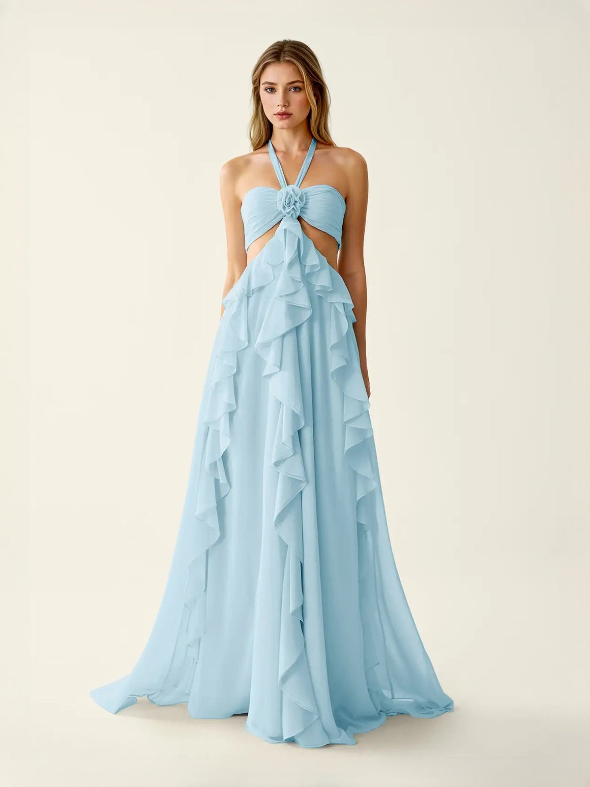 Light blue chiffon maxi prom dress with cut-out halter and tiered ruffle A-line skirt