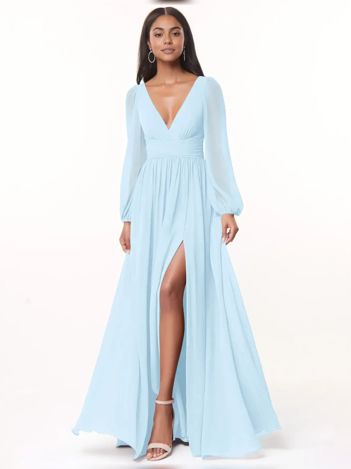 Light blue slit A-line bridesmaid dress with plunging V-neck and long sleeves