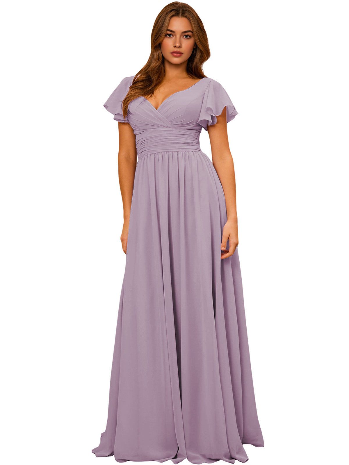 Lavender V-neck chiffon bridesmaid dress with flutter sleeves and empire waist