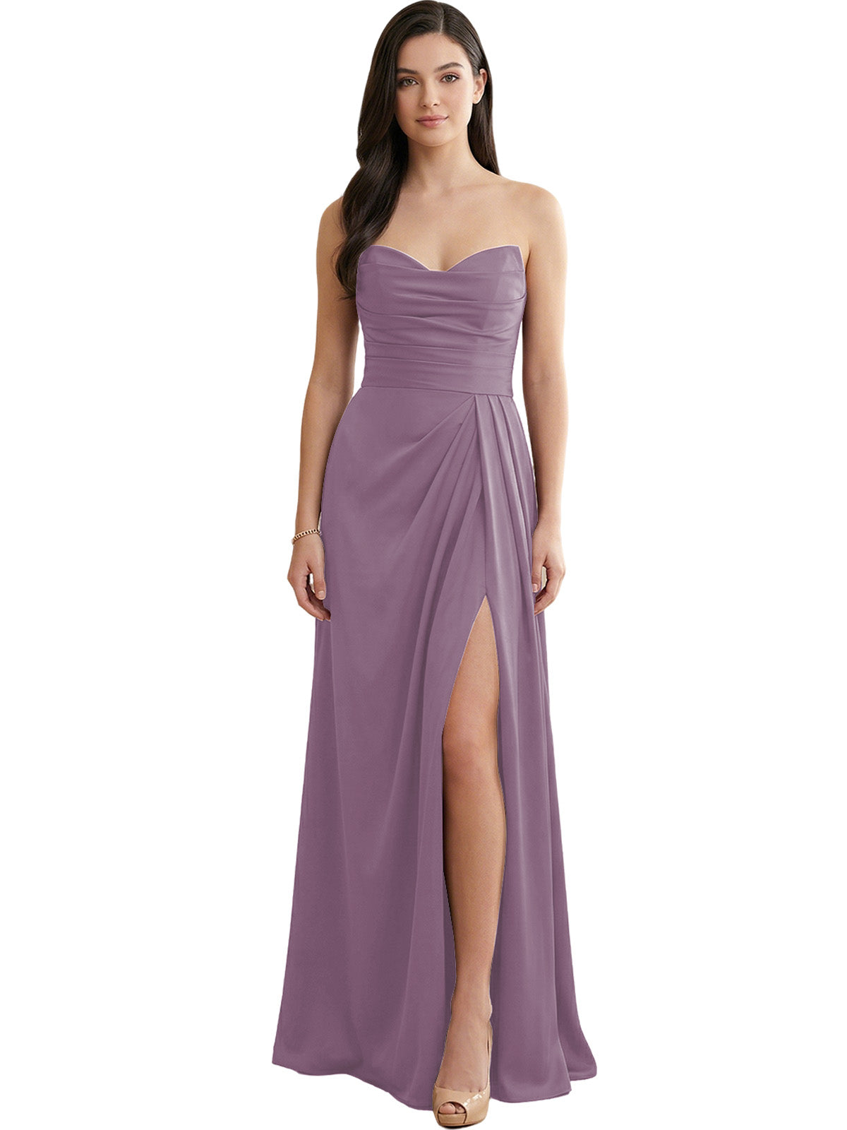 Strapless satin bridesmaid dress in lavender purple with pleats and side slit