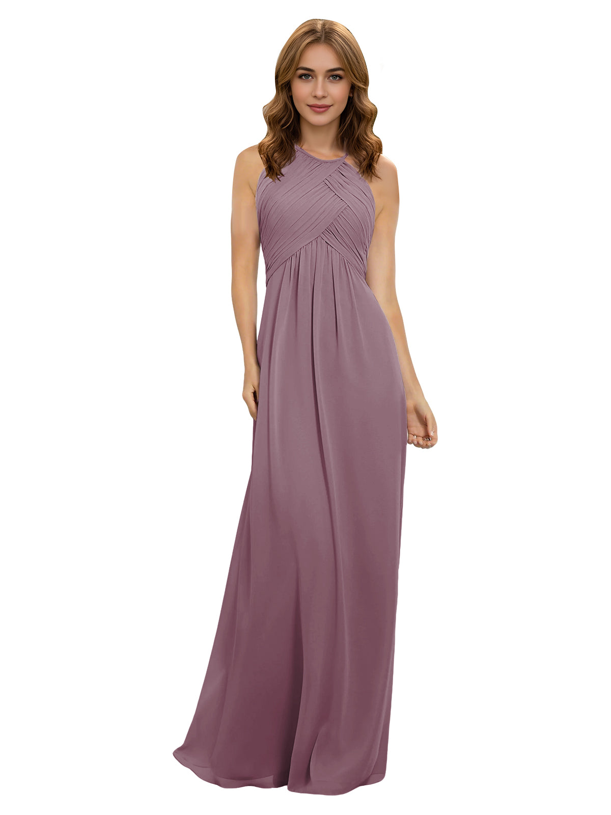 Dusty mauve chiffon bridesmaid dress with twisted halter neckline and keyhole bodice