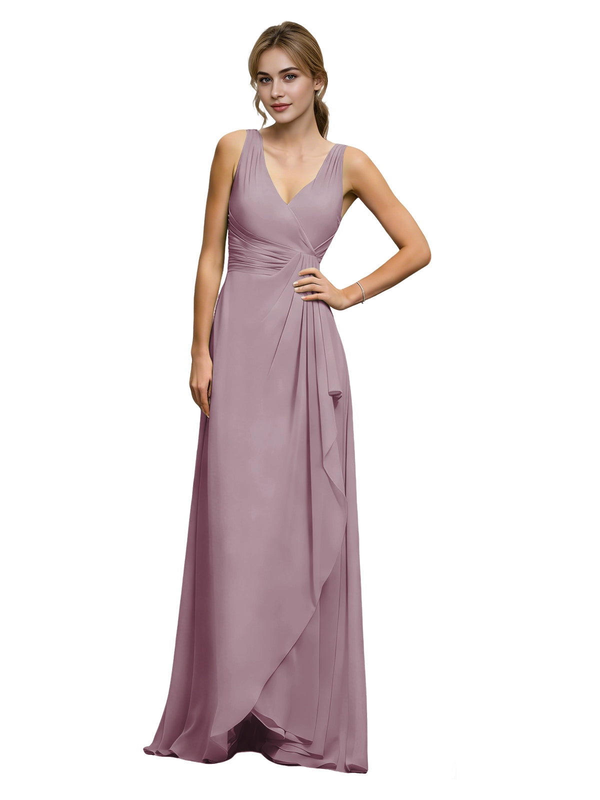 Mauve halter V-neck chiffon bridesmaid dress with draped sash waist