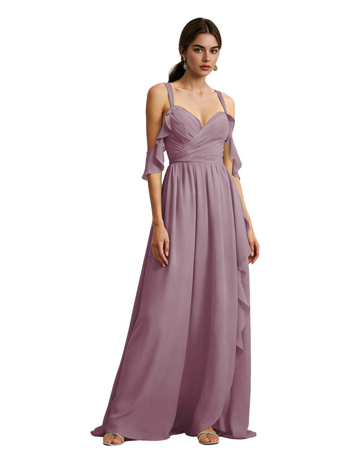 Cold-shoulder chiffon bridesmaid dress in dusty lavender, draped V-neck bodice, long flowing skirt