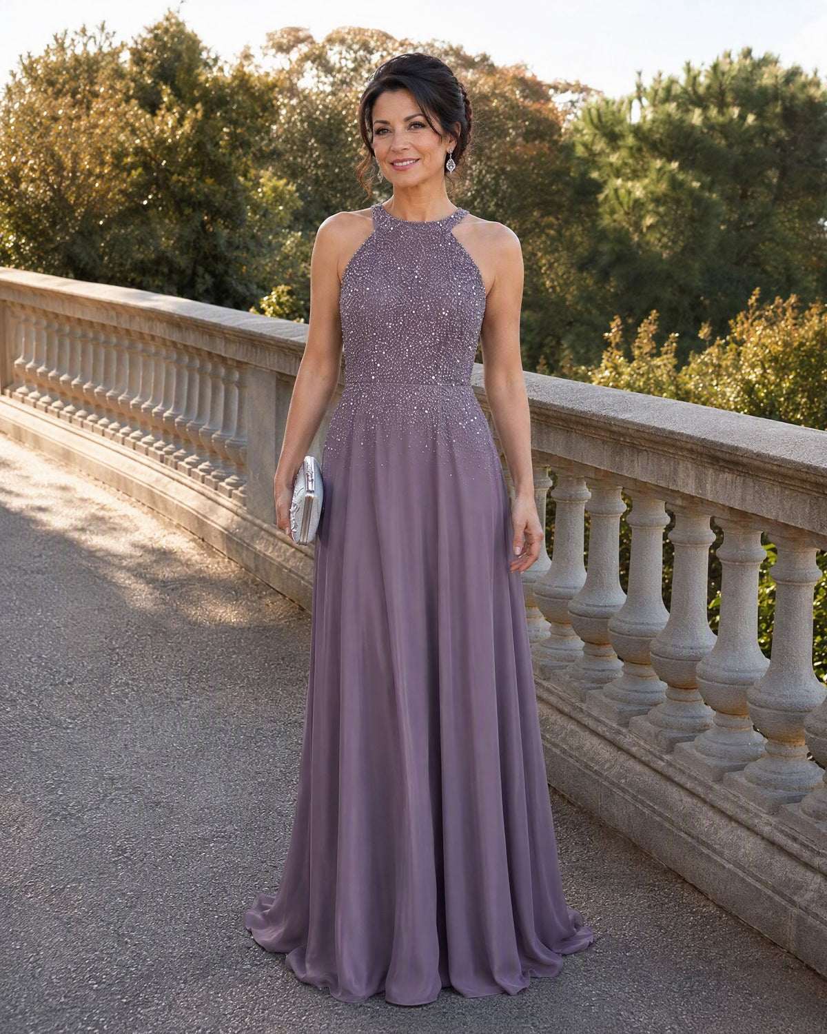 Mother-of-the-bride A-line sequin chiffon dress, halter neck, dusty mauve purple