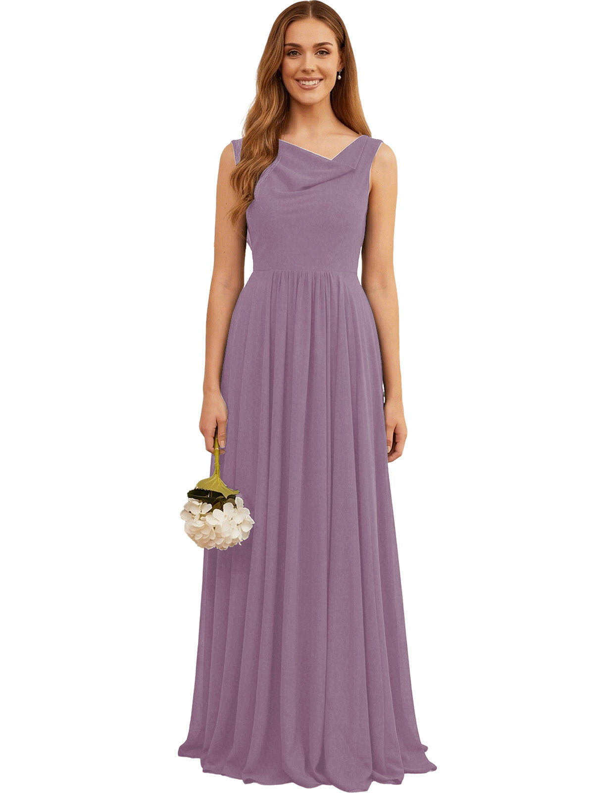 Purple sleeveless chiffon bridesmaid dress with pleated skirt and jewel neckline