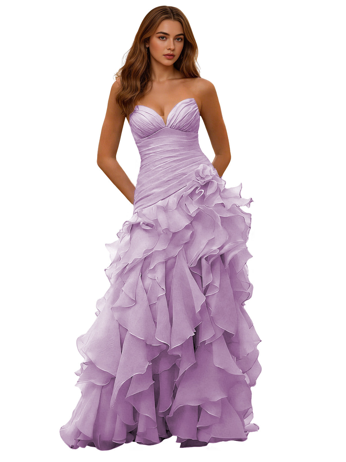 Lavender strapless ruffle ball gown with draped corset bodice