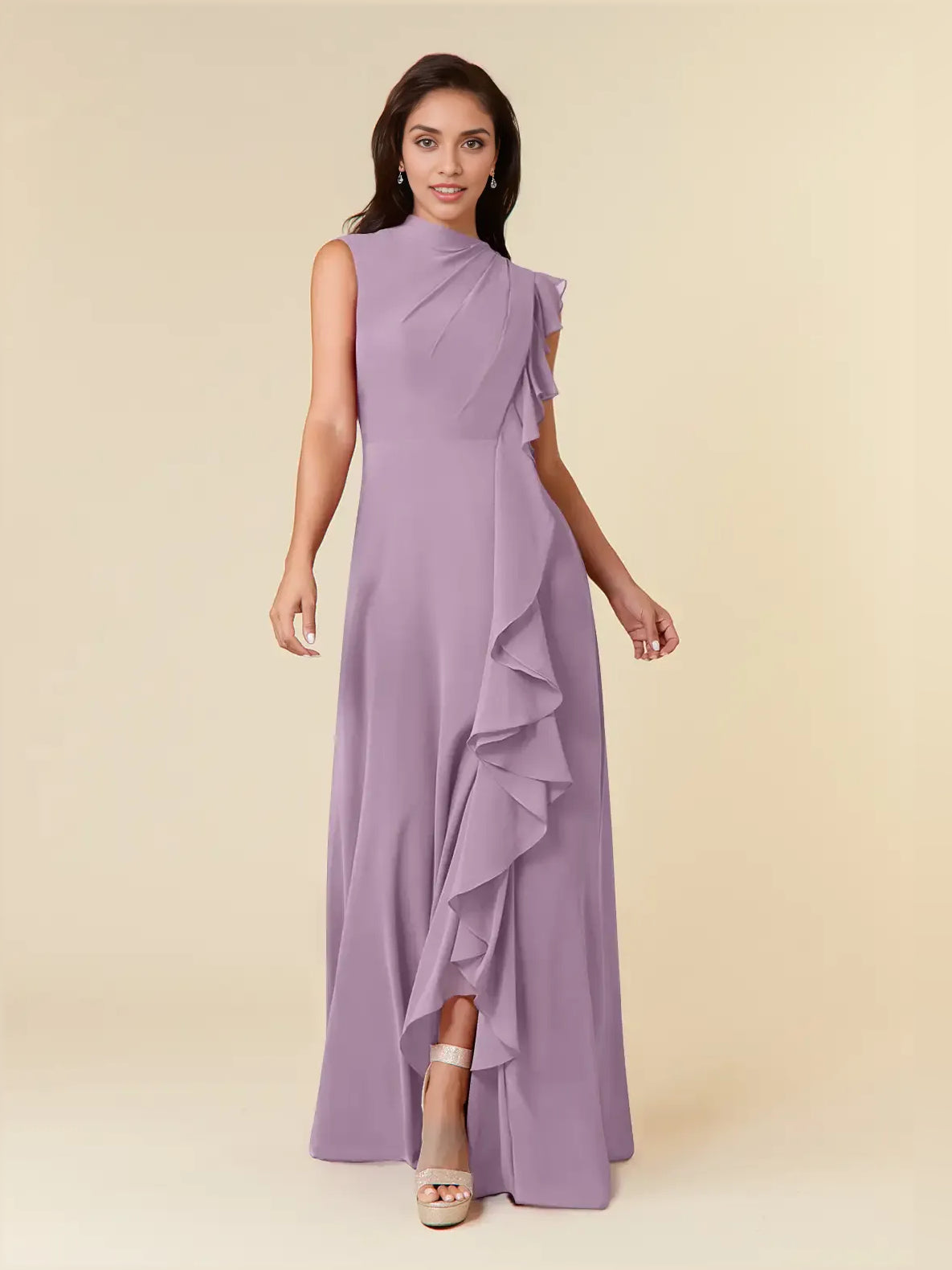 Lavender chiffon maxi dress with high neck and layered ruffle drape, sleeveless A-line