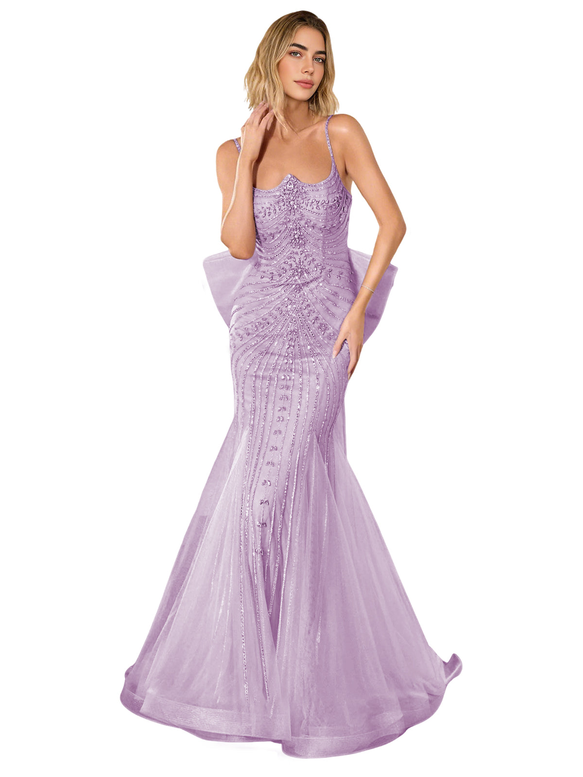 Lace corset-back trumpet prom dress, lavender with lace bodice and sweep train
