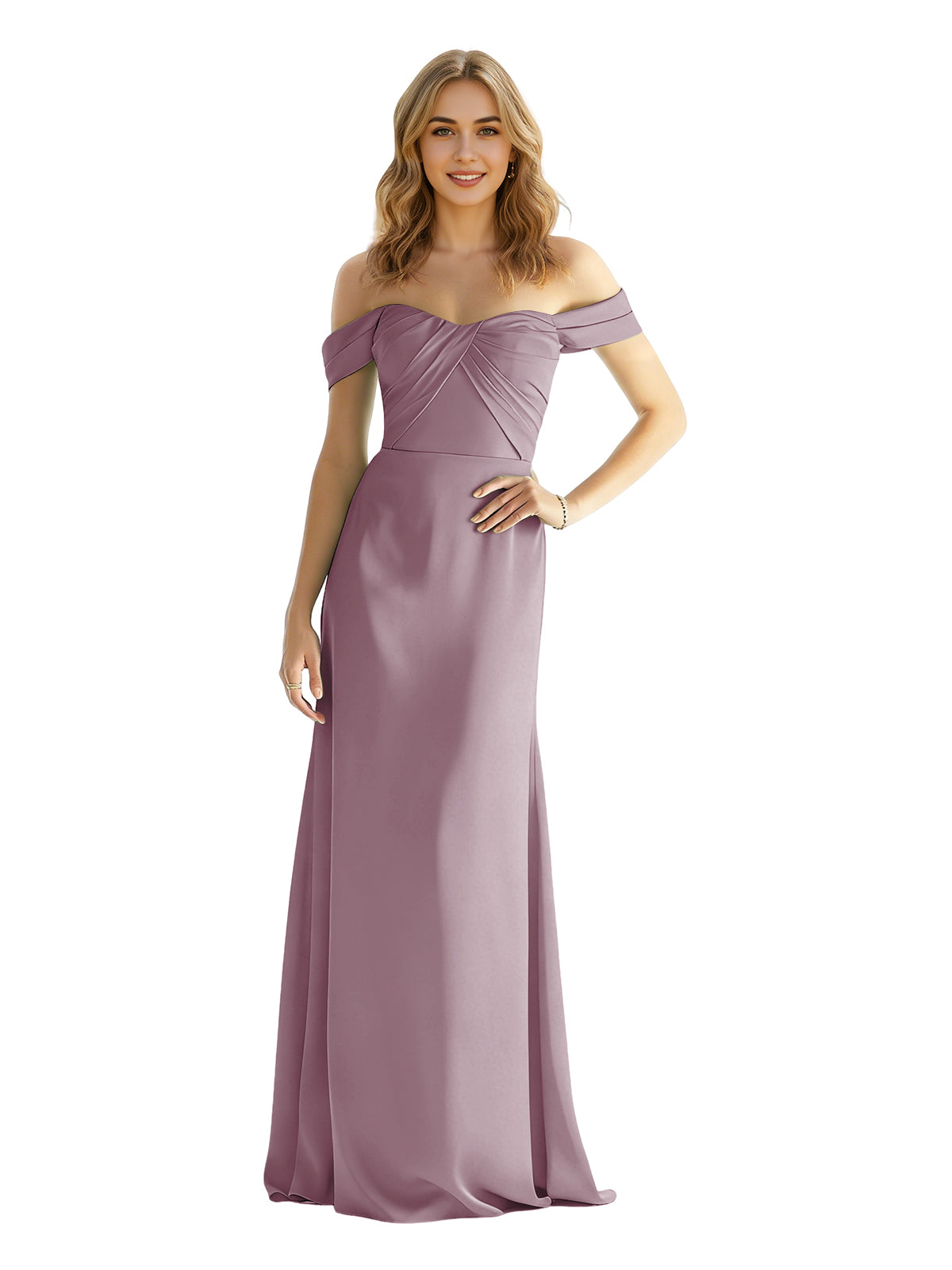 Mauve satin off-shoulder bridesmaid dress with wrapped sweetheart bodice