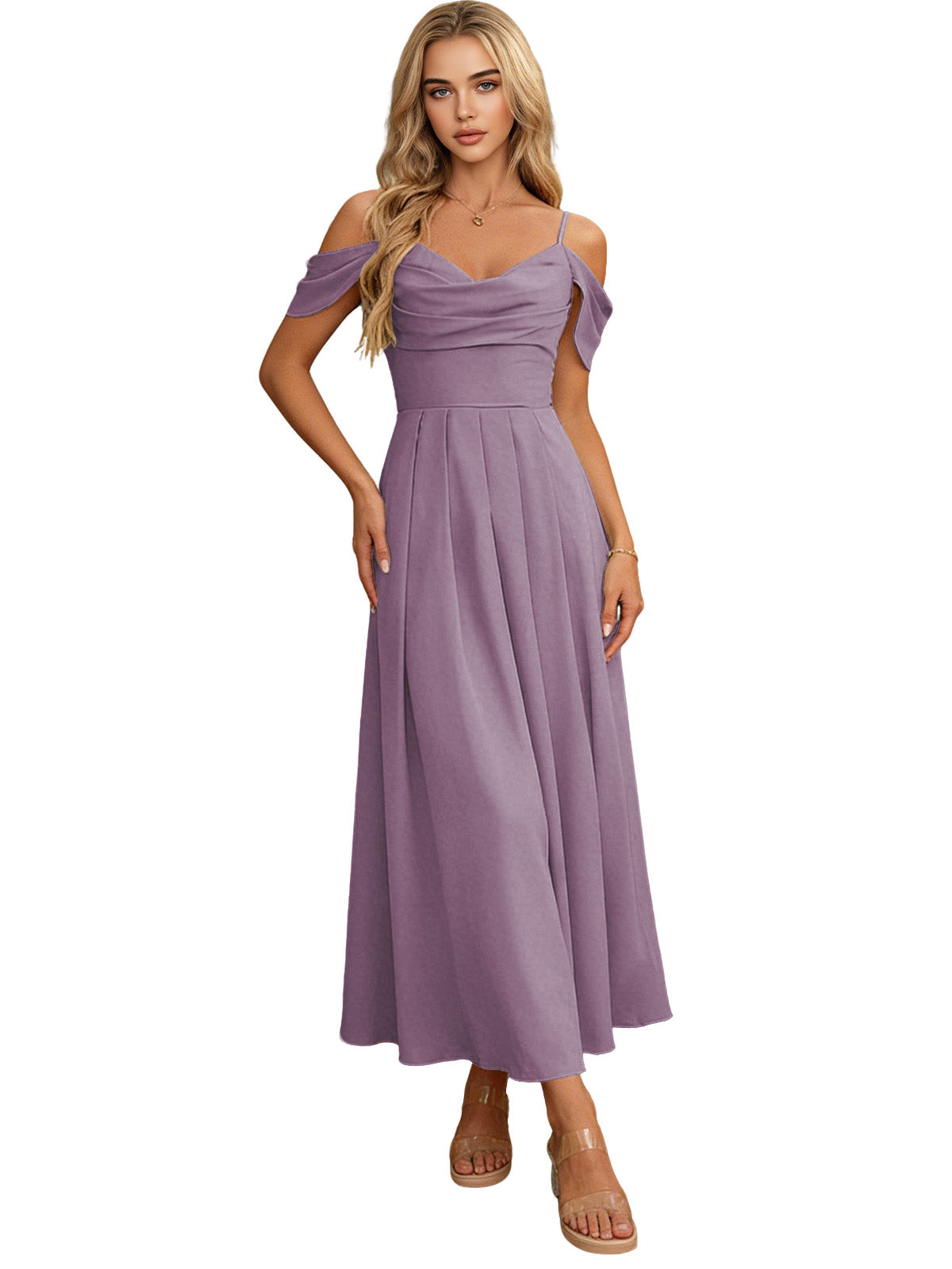 Lavender off-shoulder midi bridesmaid dress with pleated bodice and flowing skirt