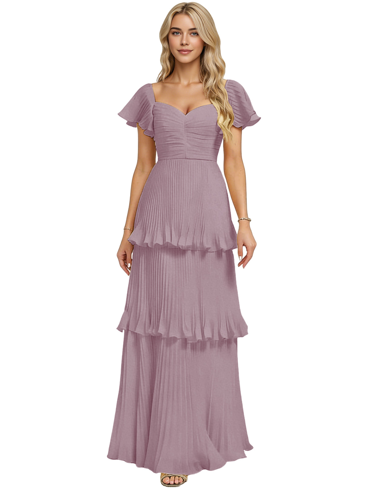 Tiered ruffle chiffon bridesmaid dress, mauve, sweetheart neckline
