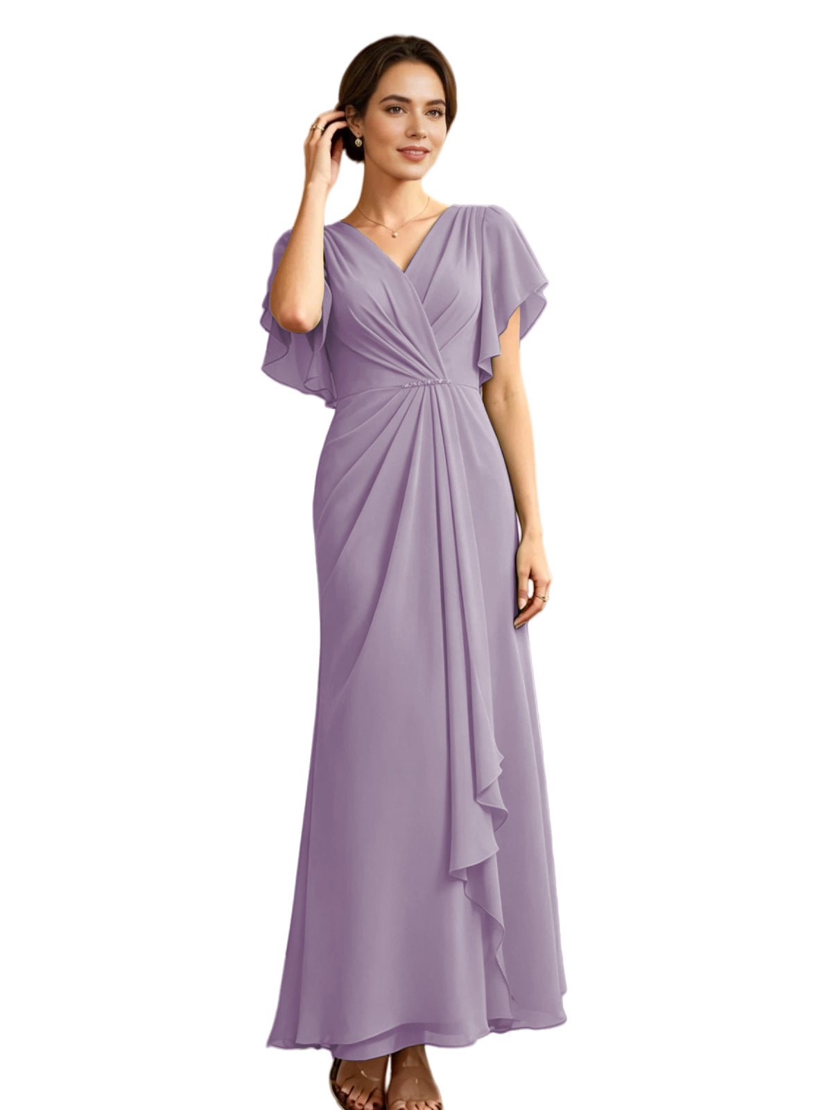 Lavender V-neck chiffon mother-of-the-bride dress with flutter sleeves and draped A-line skirt