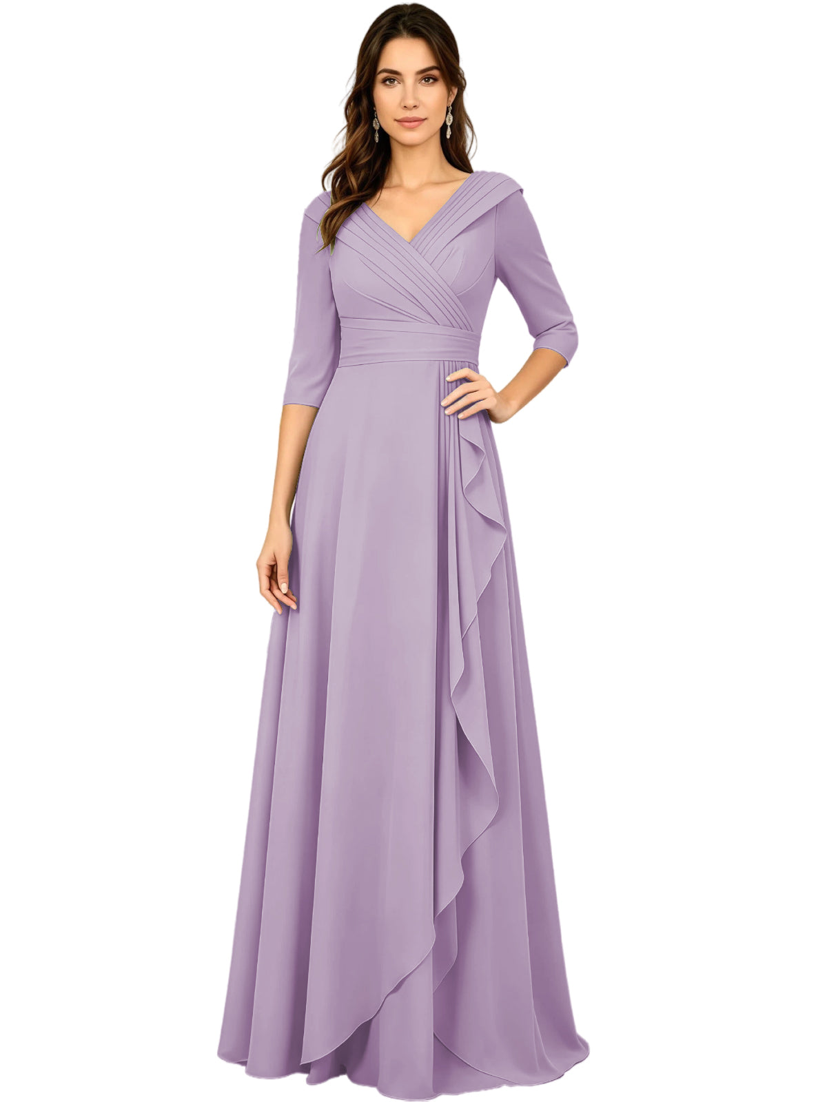 Long A-line V-neck half-sleeve chiffon dress in lilac with draped side ruffle