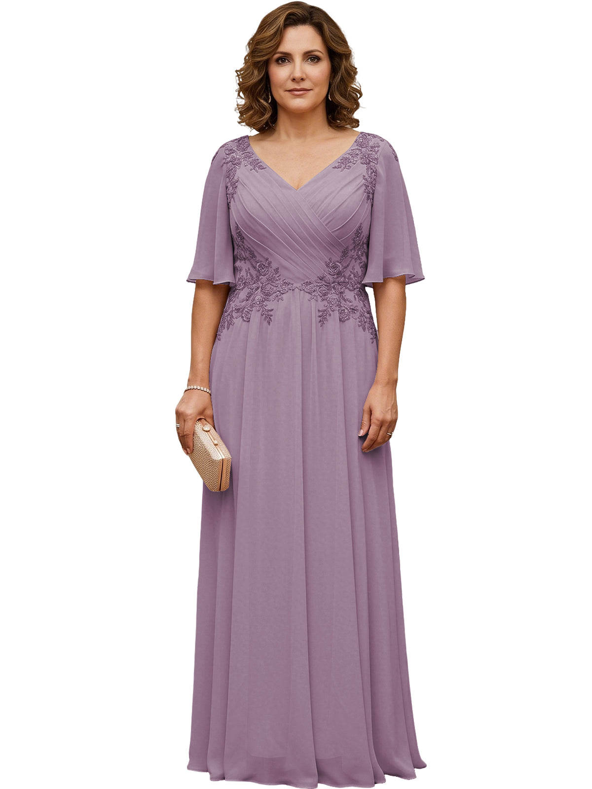 Lavender long chiffon A-line gown with V-neck, flutter sleeves, and beaded lace detail