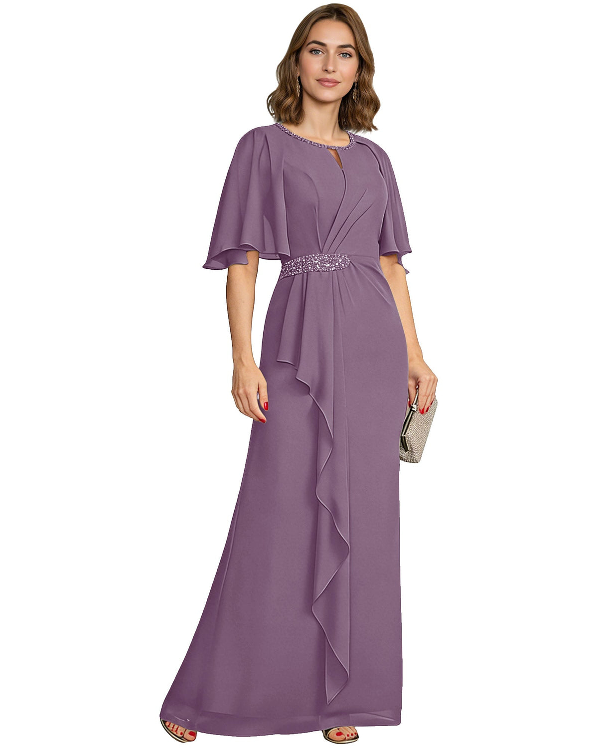 Lilac chiffon A-line formal gown with flutter sleeves and beaded waist detail.