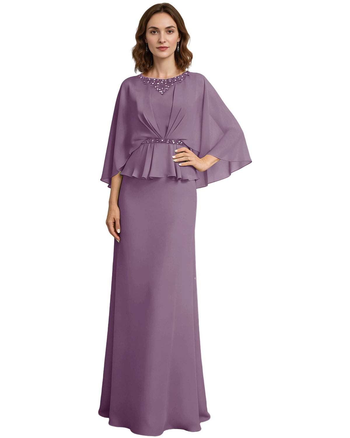 Lilac long formal gown with beaded neckline, flowing capelet sleeves, and peplum waist.