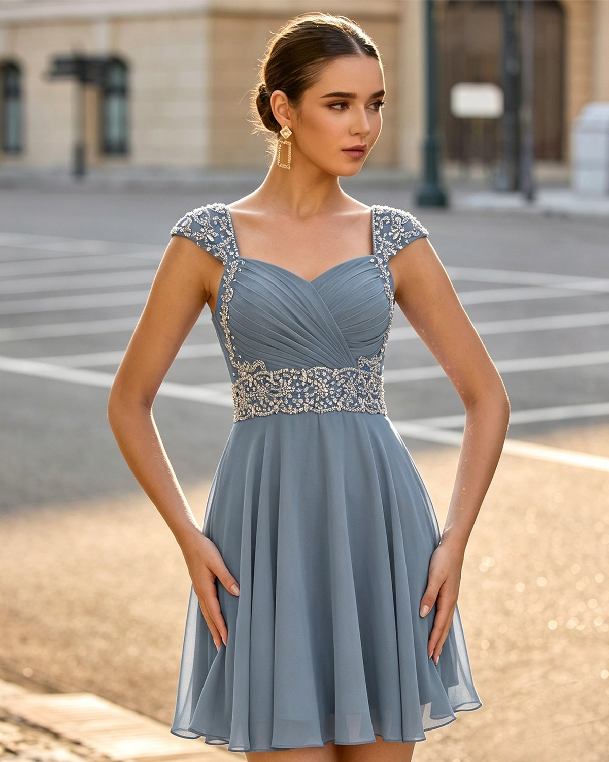 Pool blue ruched chiffon short dress with sweetheart neckline and beaded cap sleeves