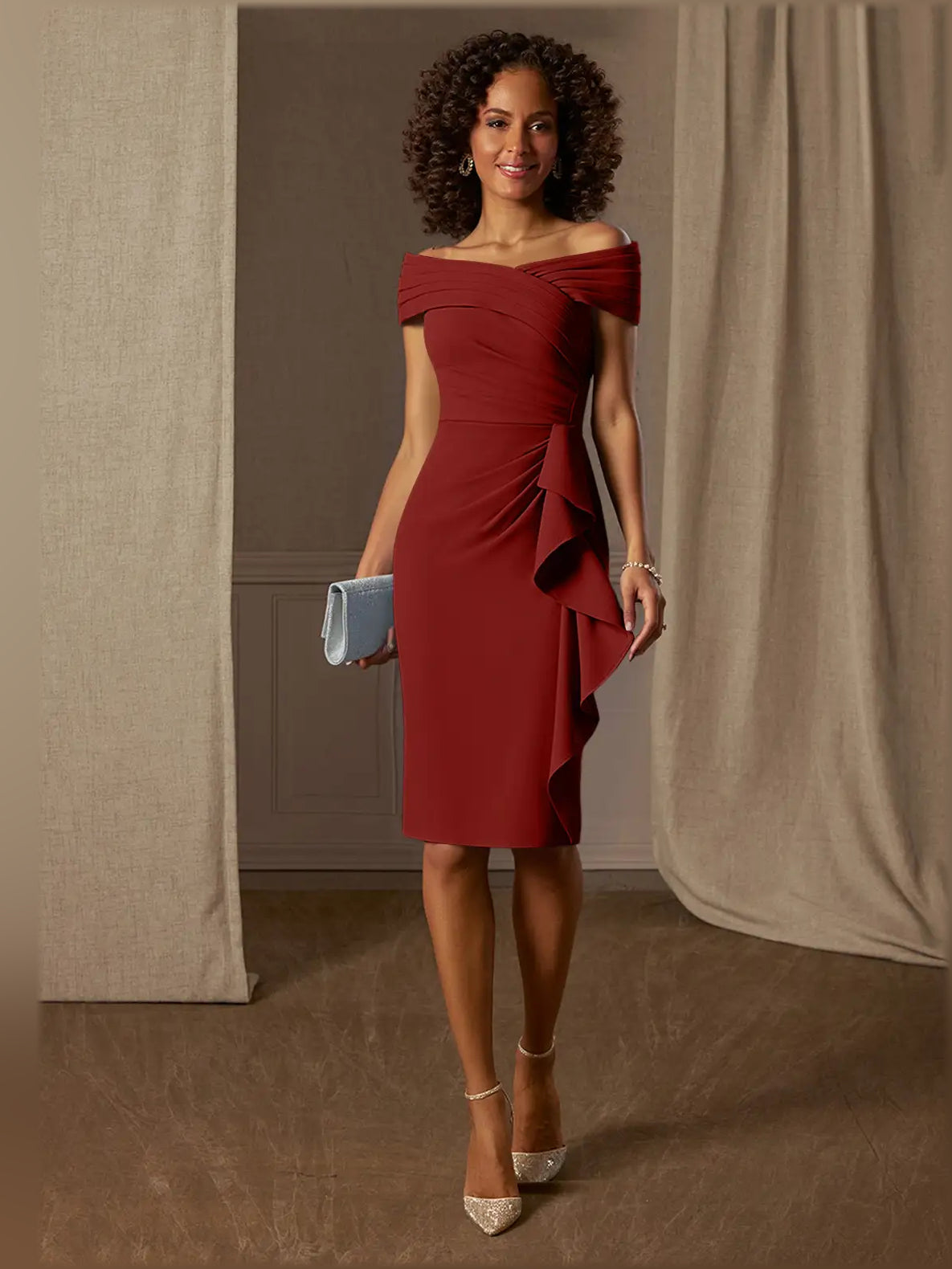Burgundy off-the-shoulder ruched midi dress with pleated side drape