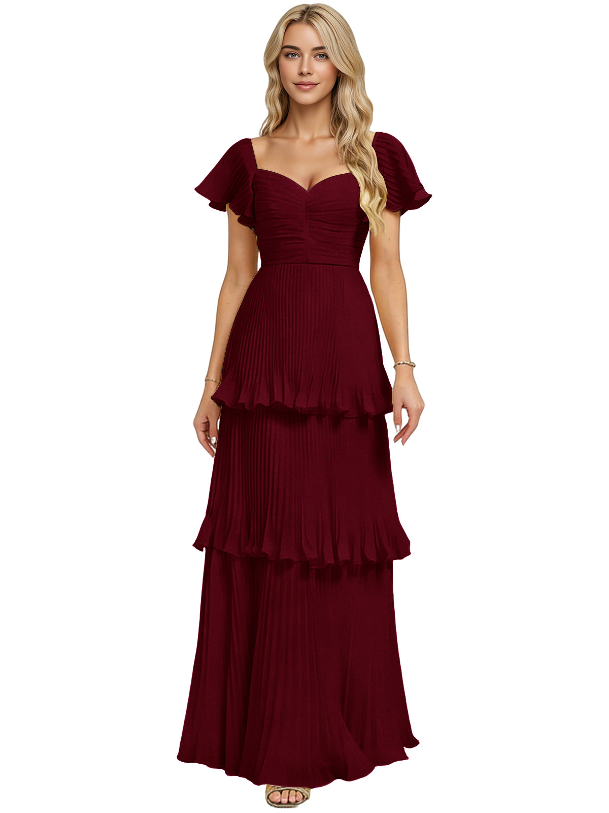 Tiered ruffle chiffon bridesmaid dress, deep red, sweetheart neckline