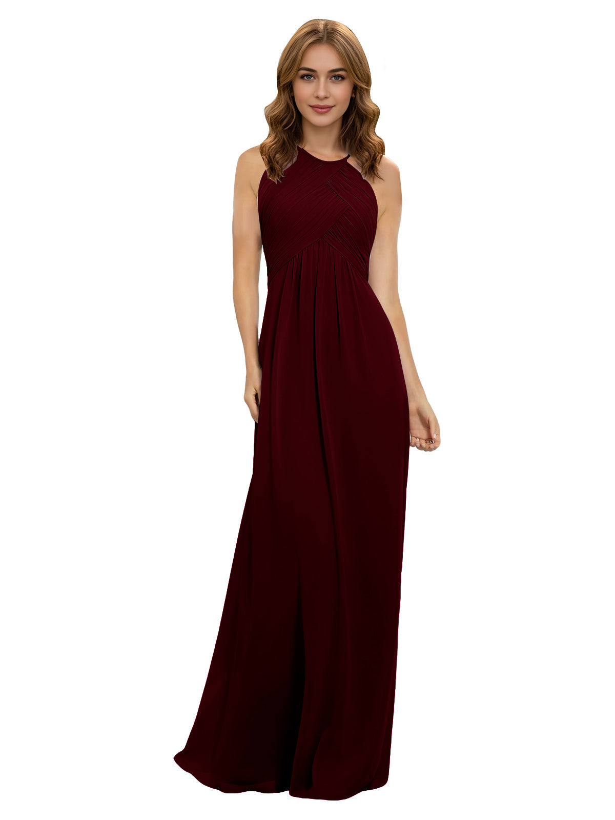 Burgundy chiffon bridesmaid dress with twisted halter neckline and keyhole bodice
