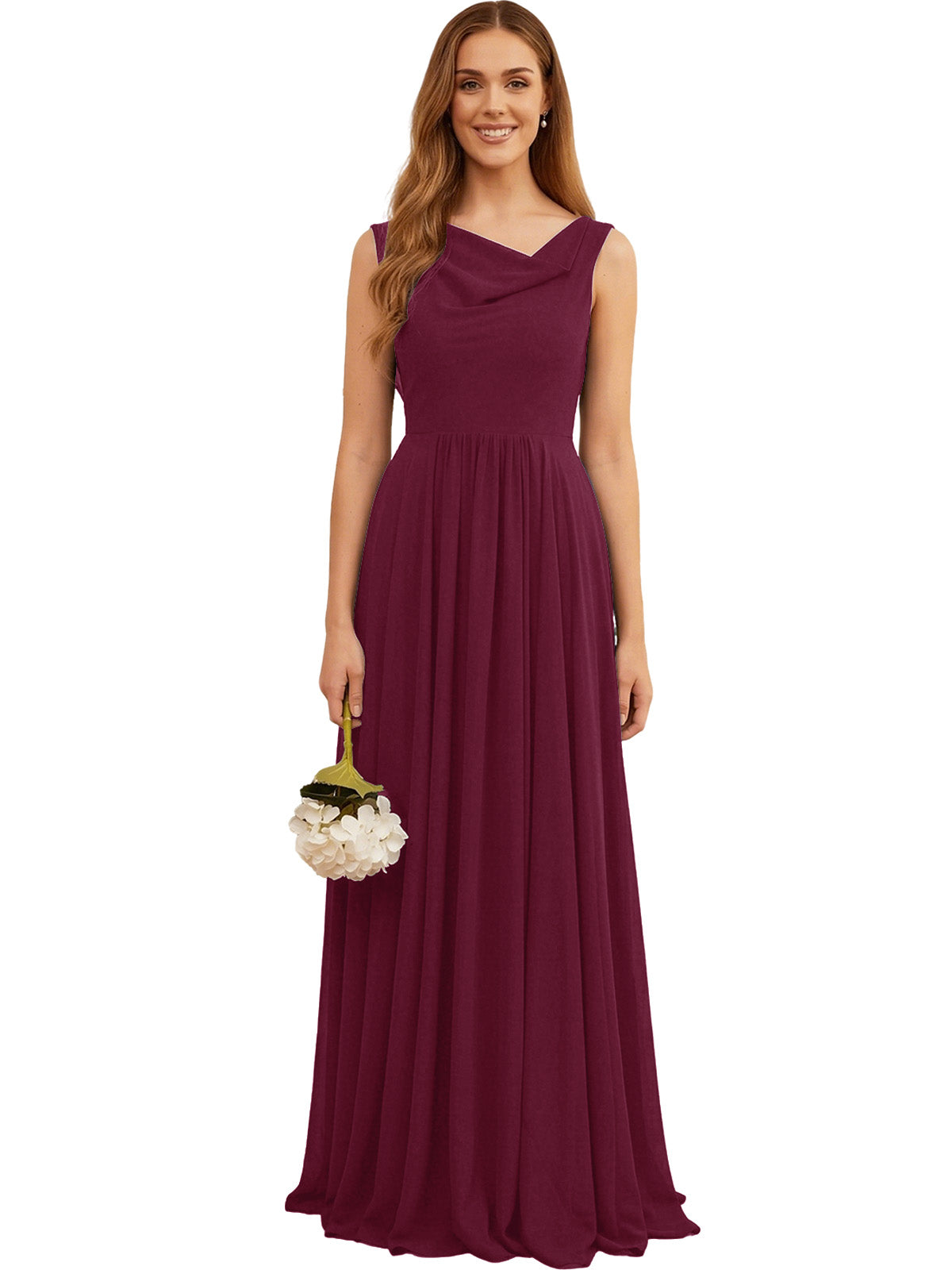 Burgundy sleeveless chiffon bridesmaid dress with pleated skirt and jewel neckline