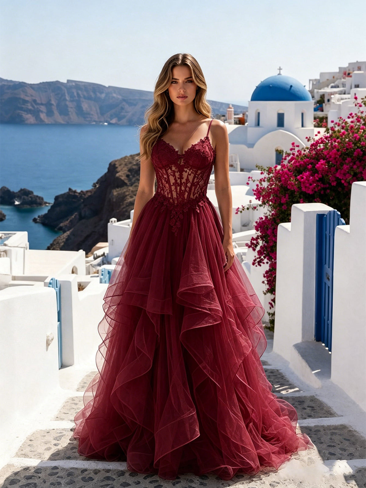 Burgundy lace corset prom dress with spaghetti straps, tiered tulle ruffle skirt