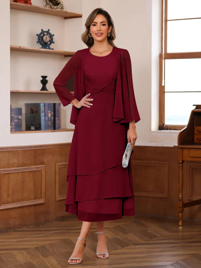 Burgundy midi dress with scoop neck, draped sleeves, and layered tier skirt