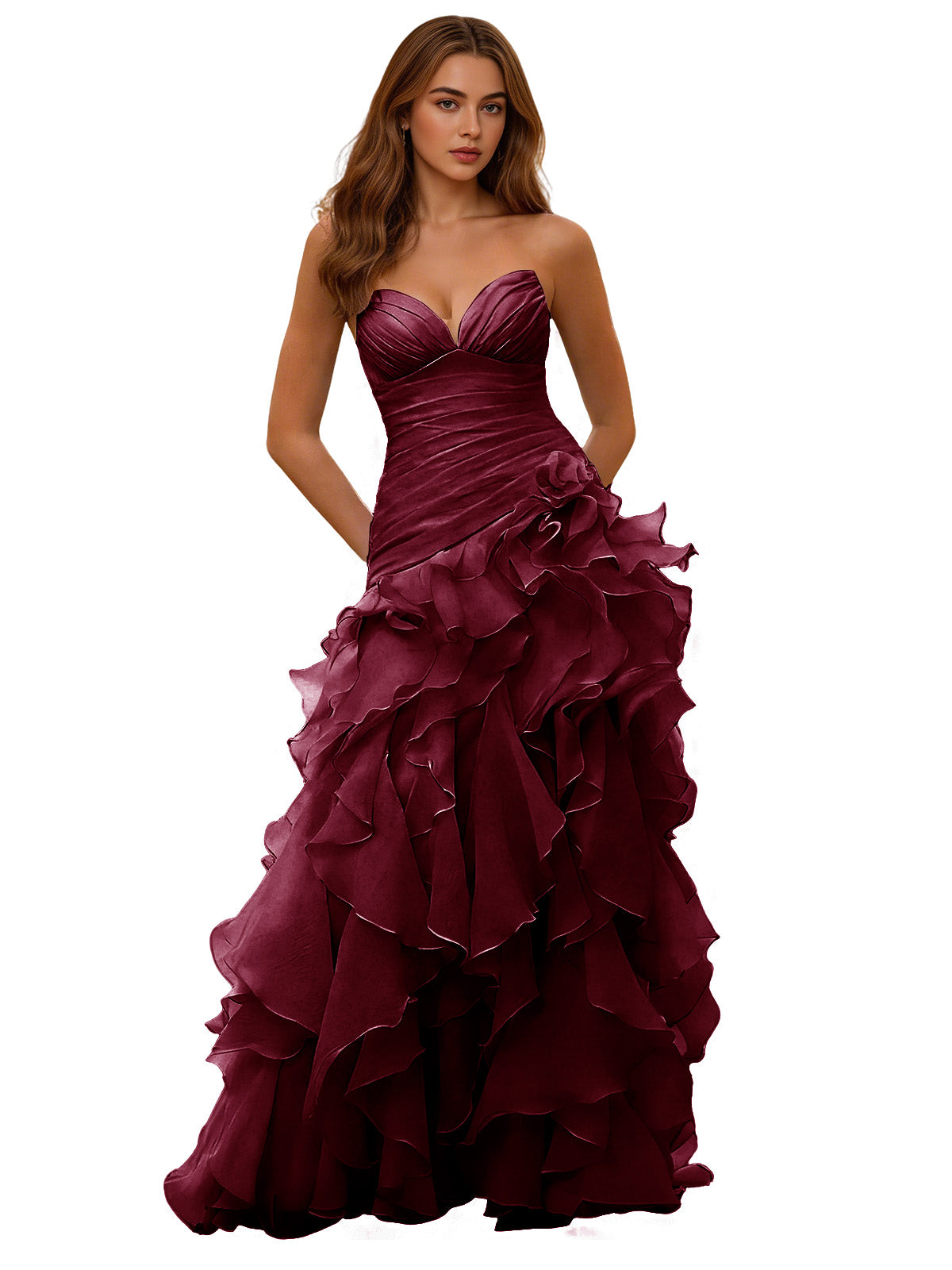 Burgundy strapless ruffle ball gown with draped corset bodice