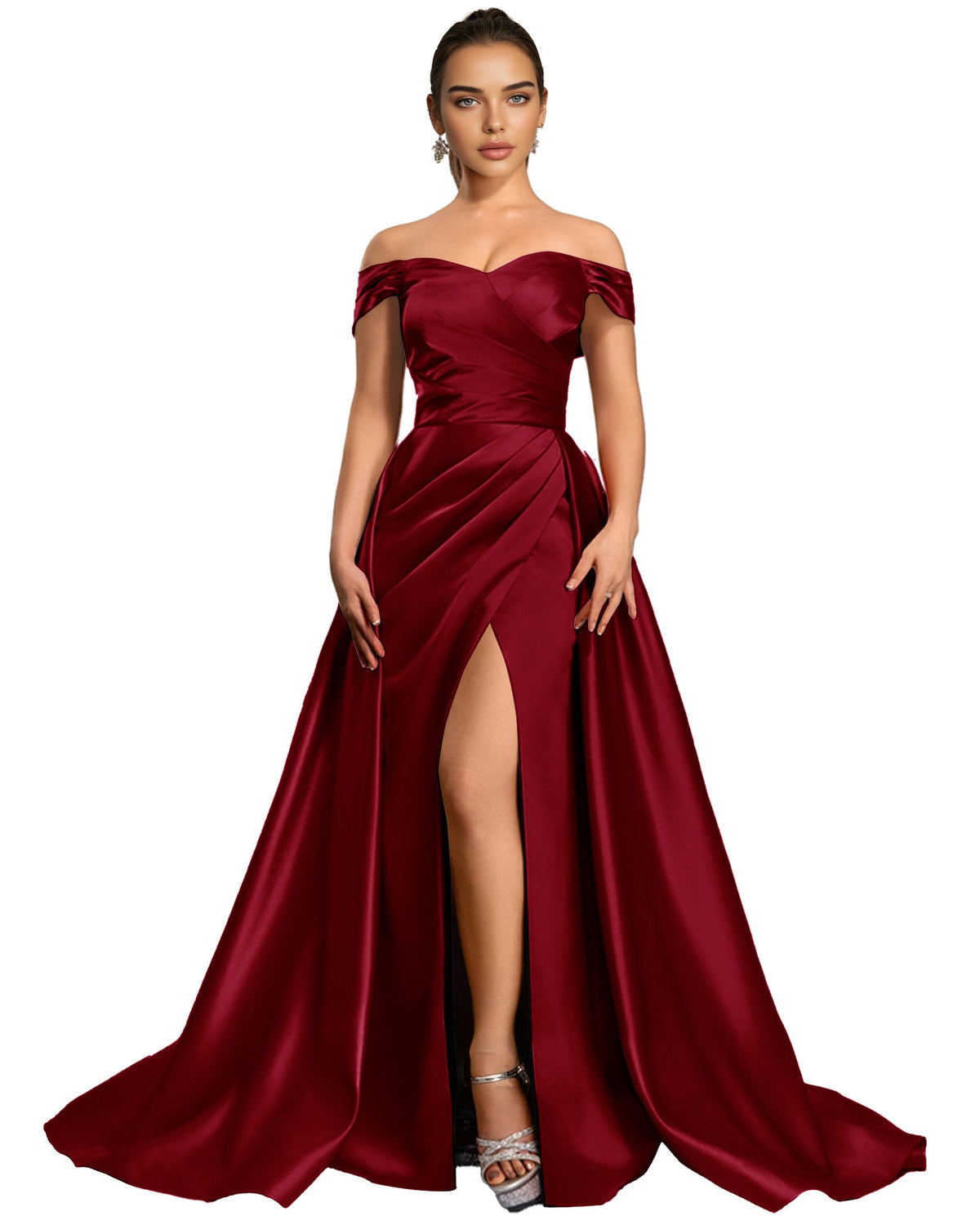 Burgundy off-shoulder satin ball gown with draped bodice and thigh slit