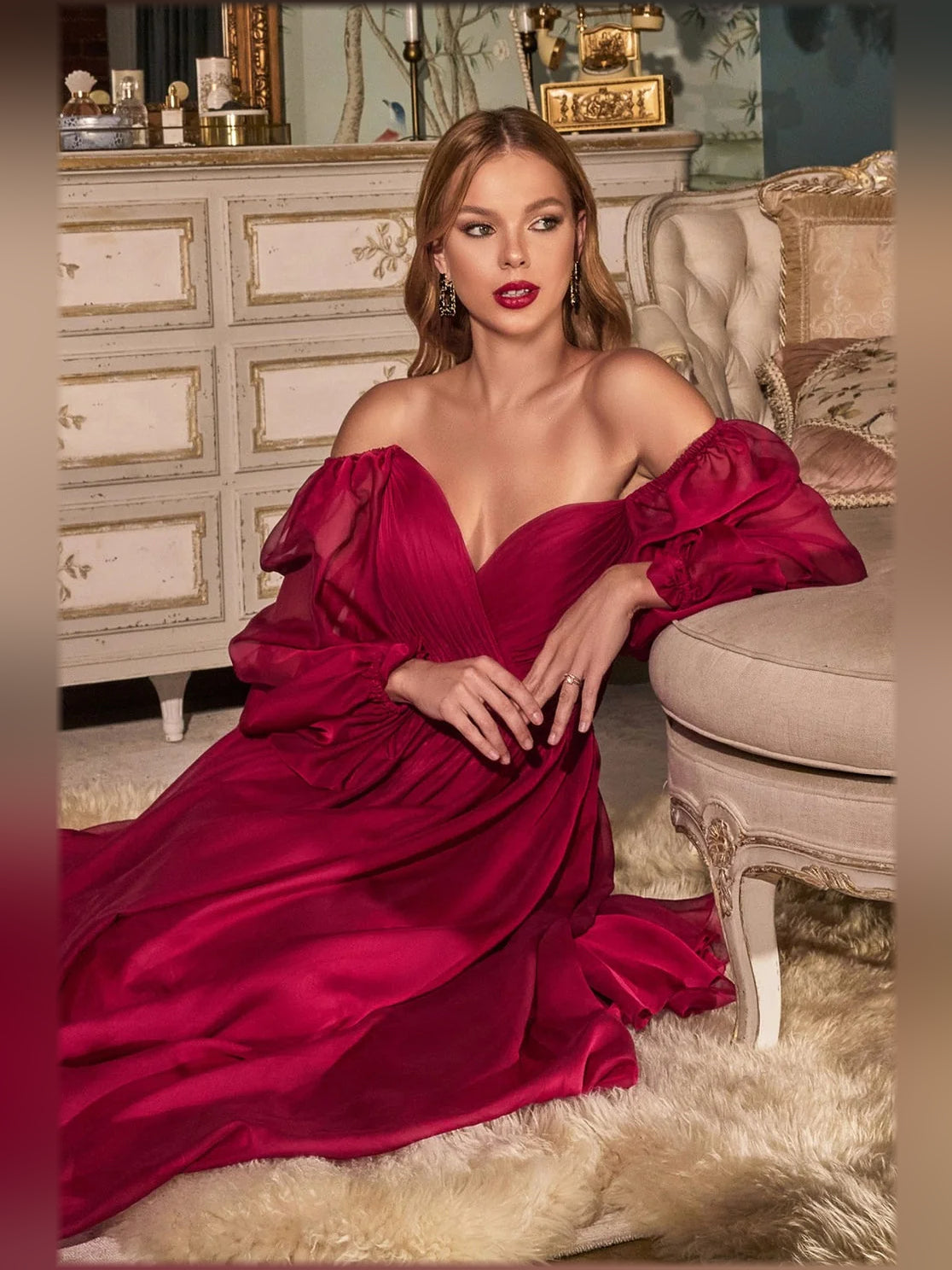Burgundy long formal dress with sweetheart neckline and dramatic puff sleeves
