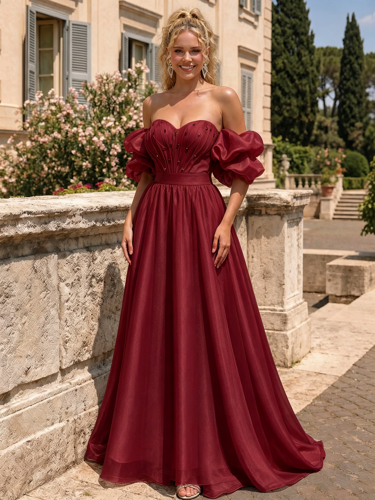 Burgundy off-shoulder sweetheart A-line prom dress with puff sleeves and gathered bodice