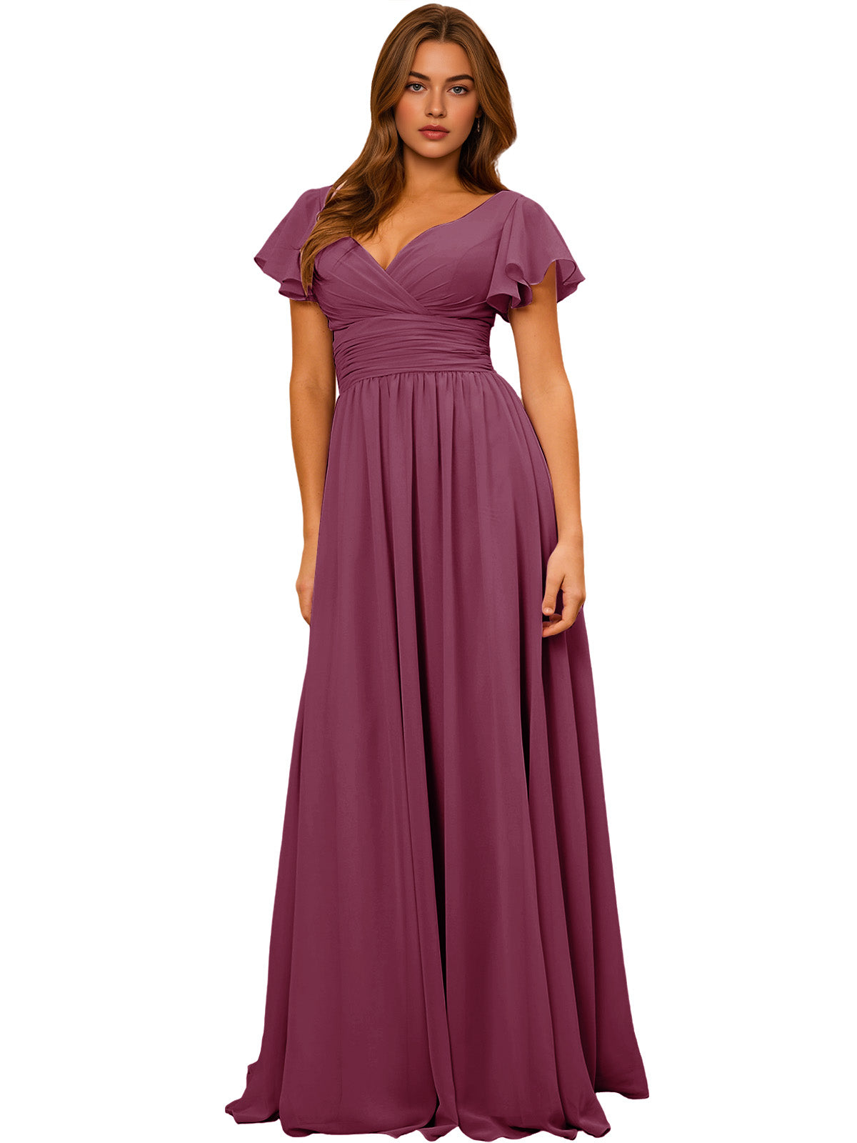Plum V-neck chiffon bridesmaid dress with flutter sleeves and empire waist