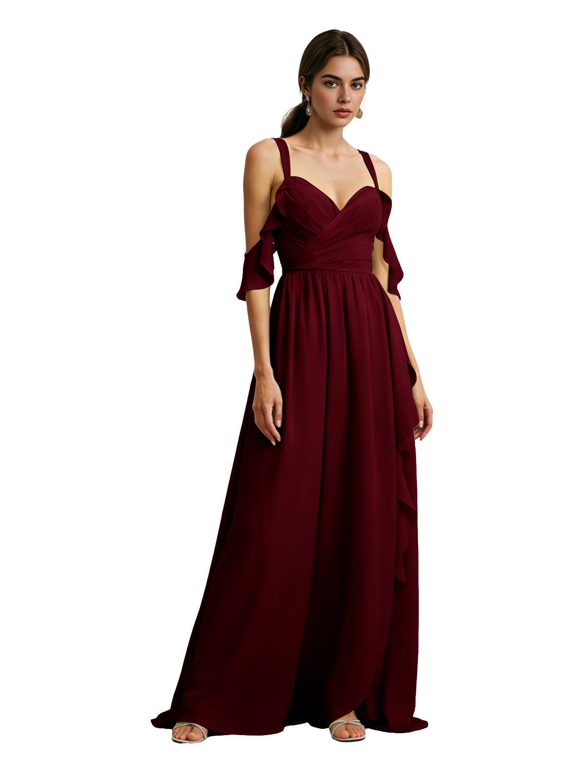 Cold-shoulder chiffon bridesmaid dress in burgundy, draped V-neck bodice, long flowing skirt