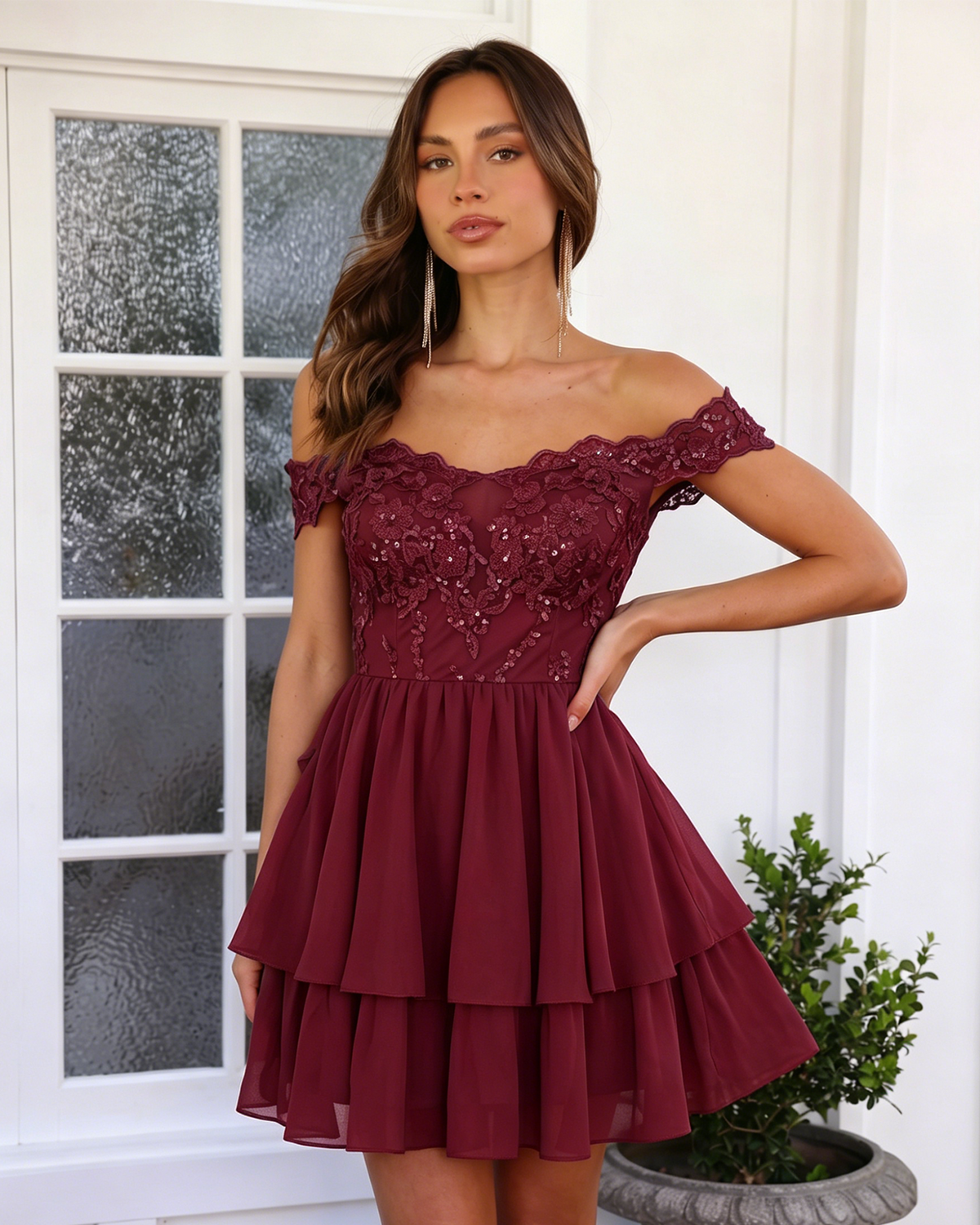 Burgundy off-shoulder lace A-line homecoming dress with tiered skirt